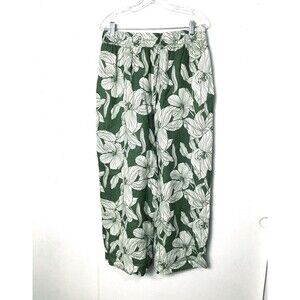 Tahari Wide Leg Pants Size L Green Floral 100% Lux Linen Boho Beach Summer Crop